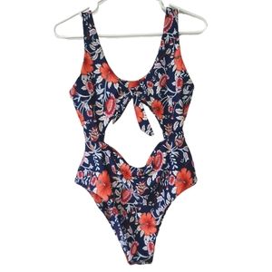 Zaful Hibiscus Floral Cutout Bathing Suit Navy One Piece Swimwear Womens Size 8